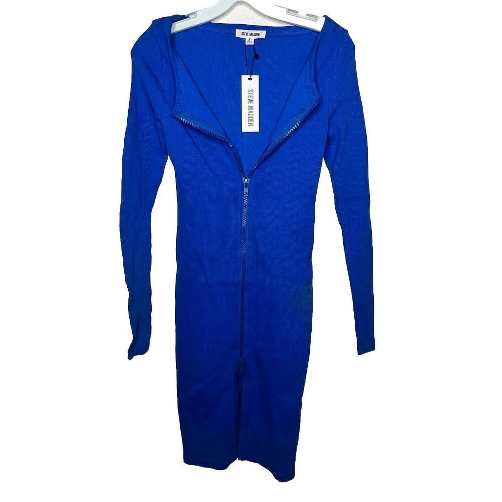 Steve Madden Blue Long Sleeve Bodycon Dress Full Front Zip NWTS Small $69 H